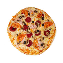 Whole pizza with salami, mushrooms, tomatoes and olives isolated on white background