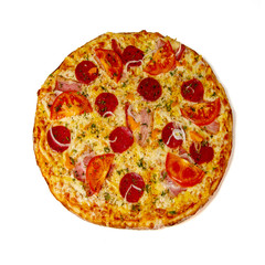 Whole pizza with pepperoni, bacon, tomatoes and onion isolated on white background
