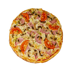 Whole pizza with ham, mushrooms and tomatoes isolated on white background