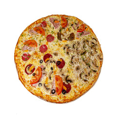 Whole pizza with pepperoni, salami, mushrooms, bacon, tomatoes, onion and olives isolated on white background