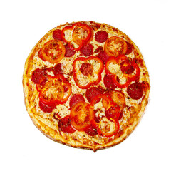 Whole pizza with pepperoni, tomatoes and bell pepper isolated on white background