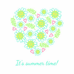 Beautiful vector summer card with chamomile heart