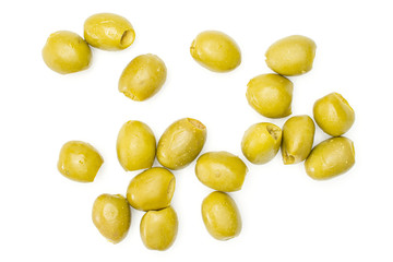Lot of whole pitted green olive flatlay isolated on white background
