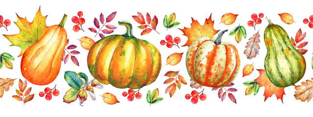 Watercolor seamless pattern with pumpkins and autumn yellow leaves.