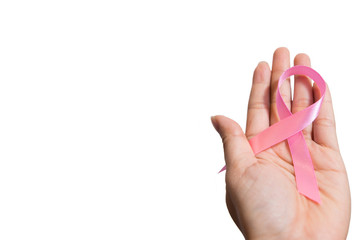 Pink ribbon for breast cancer awareness on people living with women's breast tumor illness. Woman...