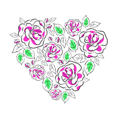 Beautiful vector heart of graphic pink roses and green leaves on white background
