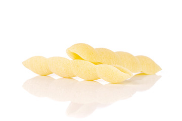 Group of two whole uncooked pasta cavatelli isolated on white background