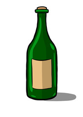 Vector cartoon wine bottles - full and empty. Transparent glass with label. Alcohol drink with shadow isolated on white background. Design of beverage.