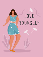 Love yourself poster vector template. Feminism movement. Brochure, cover, booklet page concept design with flat illustrations. Body positive. Advertising flyer, leaflet, banner layout idea