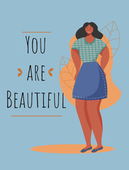 You are beautiful poster vector template. Feminism movement. Brochure, cover, booklet page concept design with flat illustrations. Overweight african woman. Advertising flyer, banner layout idea