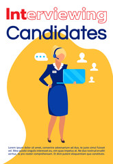 Interviewing candidates brochure template. Headhunting flyer, booklet, leaflet concept with flat illustrations. Vector page cartoon layout for magazine. Recruitment company advertising with text space