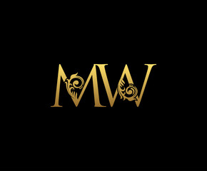Classy Gold letter M and W, MW, VINTAGE decorative ornament emblem badge, overlapping monogram logo, classy letter logo icon.