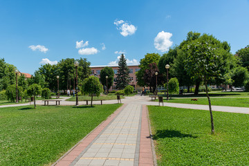 Loznica, Serbia - July 11, 2019: School park (&Scaron;kolski park: serbian) on Jovan Cvijic Square in Loznica. Loznica is a city located in the Macva District of western Serbia. 