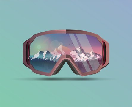 Snowboard protective mask with mountains landscape on reflection. Mountain sky glasses. Snowboarding Goggles. Extreme sport vector background.