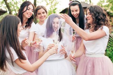 Beautiful bridesmaids around young bride with veil