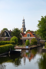 View along canal in historic Dutch city Hindeloopen
