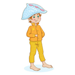 Pajama party. Funny boy in pajamas and with a pillow in the form of a hat on his head. In cartoon style. Isolated on a white background.