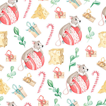 Watercolor сute seamless pattern on a Christmas mouse and elements. New Year illustration for holiday, greeting cards, posters, books, envelopes, photo album, banner, template.