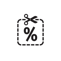 Scissors and discount percent - vector icon design. Cut line. Sale emblem. 
