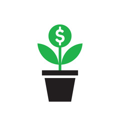 Fototapeta na wymiar Dollar plant sprout growth - concept icon design. Success investment sign. Money flower tree in pot. Vector illustration. 