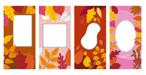 Set autumn templates backgrounds of autumn fallen leaves orange yellow foliage. Social media stories banners