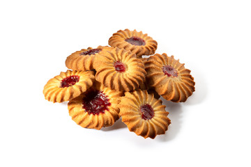 Shortbread sweet cookies with cherry jam. On a white background isolate. A treat for any holiday.