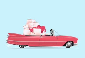 Woman driving a pink cabriolet car with shopping bags at backseats. Happy girl at shopping. Cartoon styled vector illustration. - obrazy, fototapety, plakaty