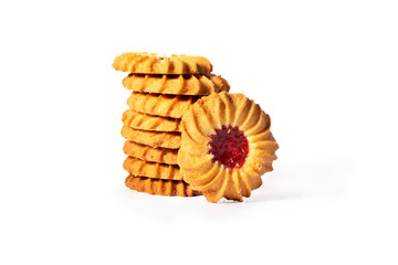 Shortbread sweet cookies with cherry jam. On a white background isolate. A treat for any holiday.