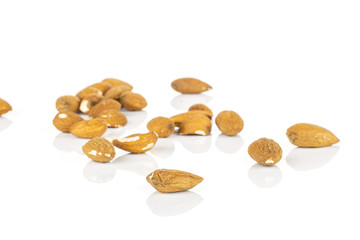 Lot of whole front focus brown almond nut isolated on white background