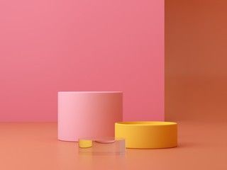 Minimal scene. Cylinder podium, abstract background. Geometric shapes. Colorful scene. Minimal 3d rendering. Scene with geometrical forms, pink and coral background for cosmetic product. 3d render. 