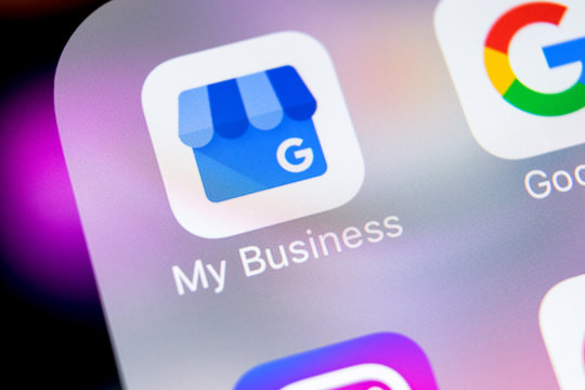 Sankt-Petersburg, Russia, March 7, 2018: Google My Business application icon on Apple iPhone X screen close-up. Google My Business icon. Google My business application. Social media network