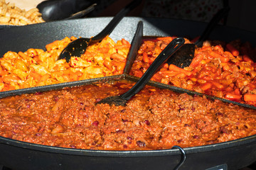 Goulash, stew or soup of meat and vegetables usually seasoned with paprika and other spices in a street market