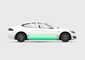 Isolated side view electric car with charged green battery at bottom. Vector illustration.