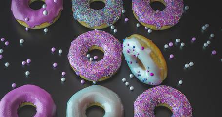 colorful donuts assorted donuts with chocolate frosted, pink glazed and sprinkles donuts 