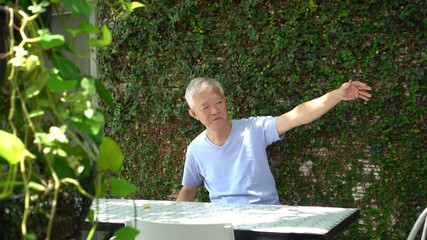 Asian senior elderly couple in green garden