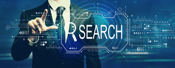 Searching theme with businessman on a dark blue background