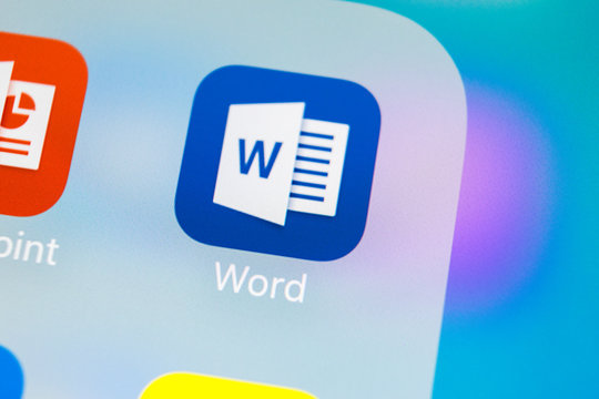 Sankt-Petersburg, Russia, March 14, 2018: Microsoft word application icon on Apple iPhone X screen close-up. Microsoft office word icon. Microsoft office on mobile phone. Social media