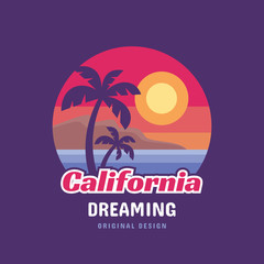 Fototapeta na wymiar California dreaming - concept logo badge vector illustration for t-shirt and other design print productions. Summer, sunset, palms, surfing, sea waves. Tropical paradise. Long beach. 