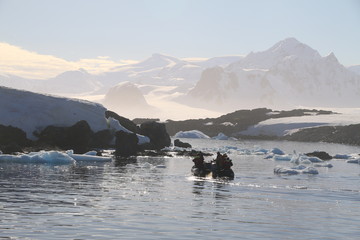 ludzie na łodzi motorowej pomiędzy krami i górami lodowymi wpływający do zatoki u wybrzeży antarktydy
