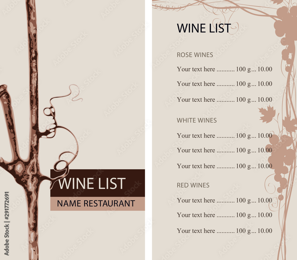 Poster vector wine list for restaurant or cafe with a branch of grapes, a grape vine and a price list in re
