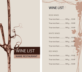 Vector wine list for restaurant or cafe with a branch of grapes, a grape vine and a price list in retro style