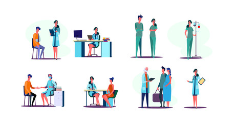 Fototapeta na wymiar Medical occupation set. Doctors instructing patients, sitting at workplace in office, taking blood count in lab. People concept. Vector illustration for topics like hospital, medicine, first aid