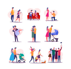 Family life cycle set. Man and woman dating, couple getting married, having baby, walking with children, getting old. People concept. Vector illustration posters, presentation slides, web design