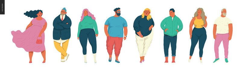 Fototapeta premium Body positive portraits set - hand drawn flat style vector design concept illustration of men and women, male and female figuers. Flat style vector icons set
