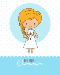Communion Card. Little girl praying with a crucifix