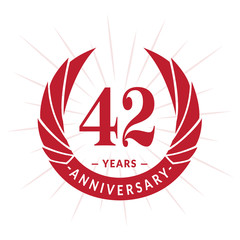 42nd years anniversary celebration design. Forty-two years logotype. Red vector and illustration.