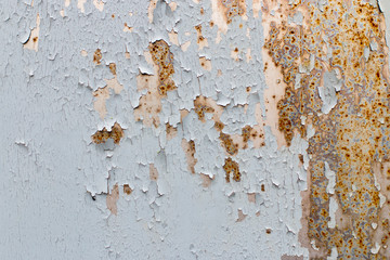 Background. Old gray metal wall with weathered paint, scratches and rust.