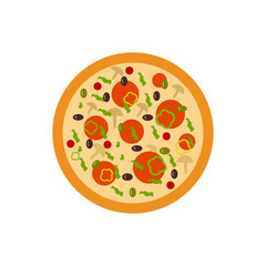 Vegetarian pizza with mushrooms, tomatoes, cherry, olives and herbs. Vector flat stock illustration isolated on white background.