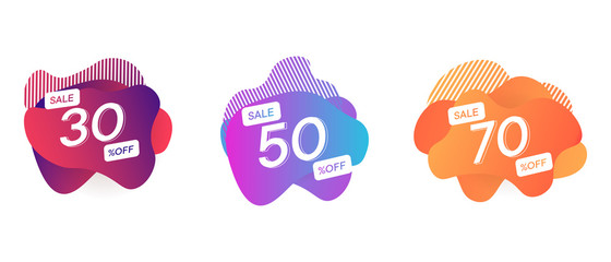 Set of sale discount liquid banners. 30 50 70 percent off template design poster. Modern vector fluid elements