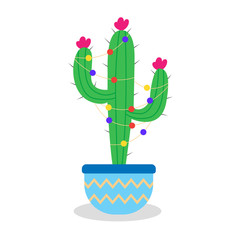 Christmas cactus with garlands in a pot. Green cactus with thorns and flowers. An alternative to traditional Christmas trees. Vector editable illustration